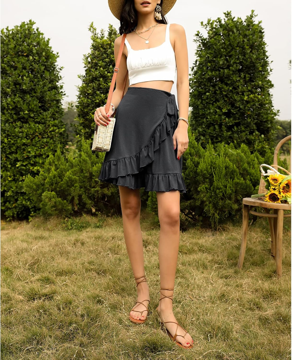 Byinns Women's High Waist Ruffle Skirt Tiered Tie Waist Asymmetrical Wrap High Low Elastic Waist ... | Amazon (US)