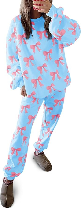 Tankaneo Womens 2 Piece Outfits Sweatsuit Bows Printed Casual Long Sleeve Oversized Sweatshirt an... | Amazon (US)