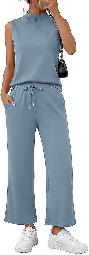 Casly Lamiit Women's Summer 2 Piece Outfits Mock Neck Tank Top Cropped Wide Leg Pants Lounge Sets... | Amazon (US)