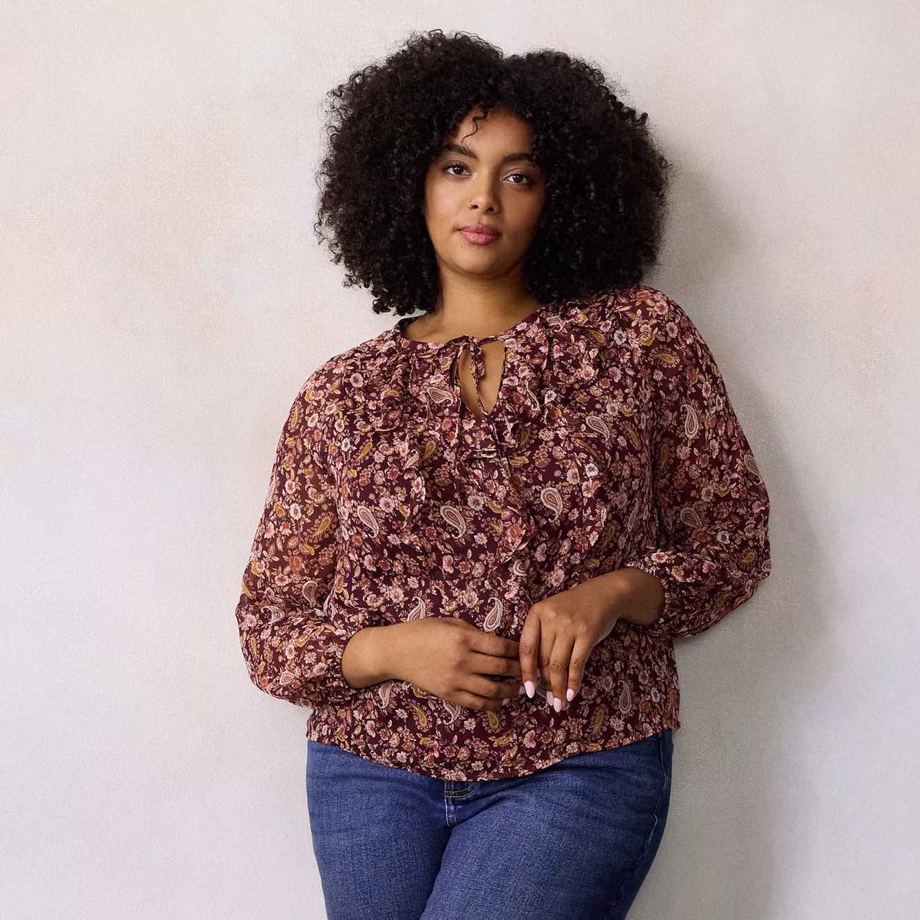 Plus Size LC Lauren Conrad Long Sleeve Tie Ruffle V-Neck Blouse | Kohl's