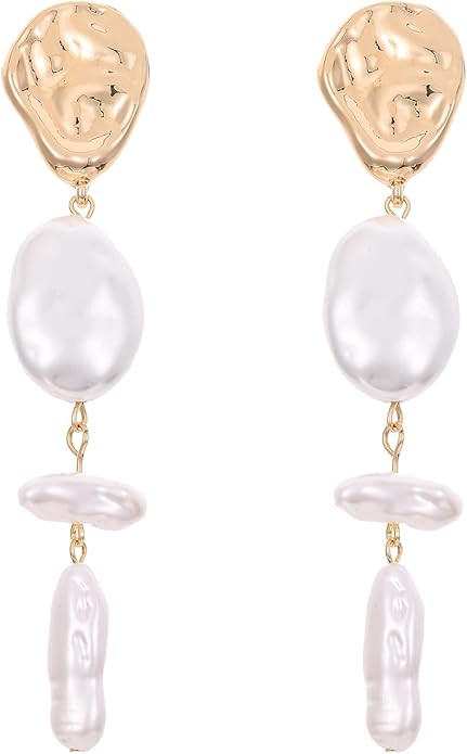 Statement Pearl Dangle Earrings,Gold and Large Pearl,Luxury Chandelier Organic Style Earrings | Amazon (US)