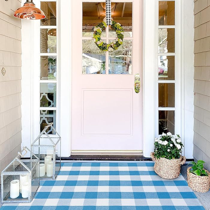 Buffalo Plaid Outdoor Rugs, 3'x5' Blue and White Checkered Indoor Outdoor Area Rug, Layering Rug ... | Amazon (US)