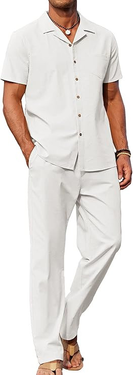 COOFANDY Men 2 Piece Linen Outfit Beach Button Down Shirt Casual Loose Pant Sets | Amazon (US)