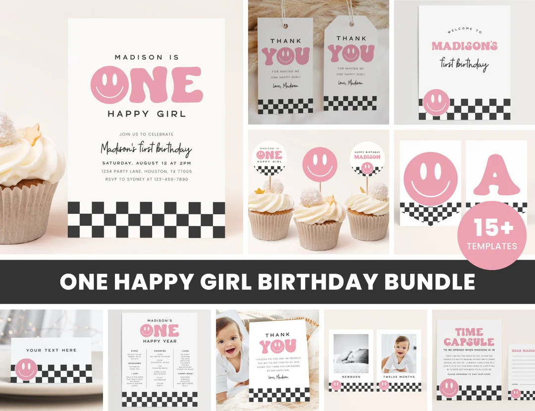 One Happy Girl Birthday Party Bundle Retro Pink Smiley Face Birthday Invitation One Happy Girl Bi... | Etsy (US)