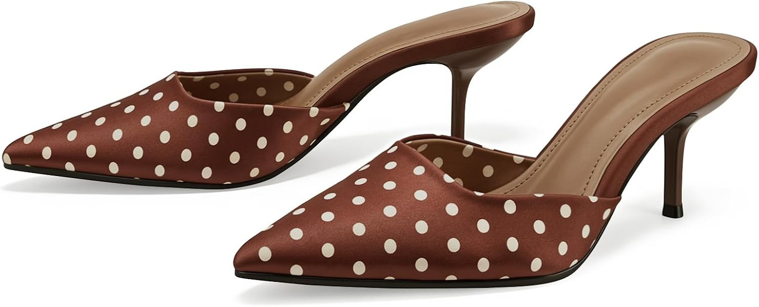 baobeijiadao Pointed Toe Heels for Women Polka Dot Heeled Mules Backless Pumps Satin Heeled Sandals Womens Stiletto Heel Shoes Evening Party Wedding | Amazon (US)