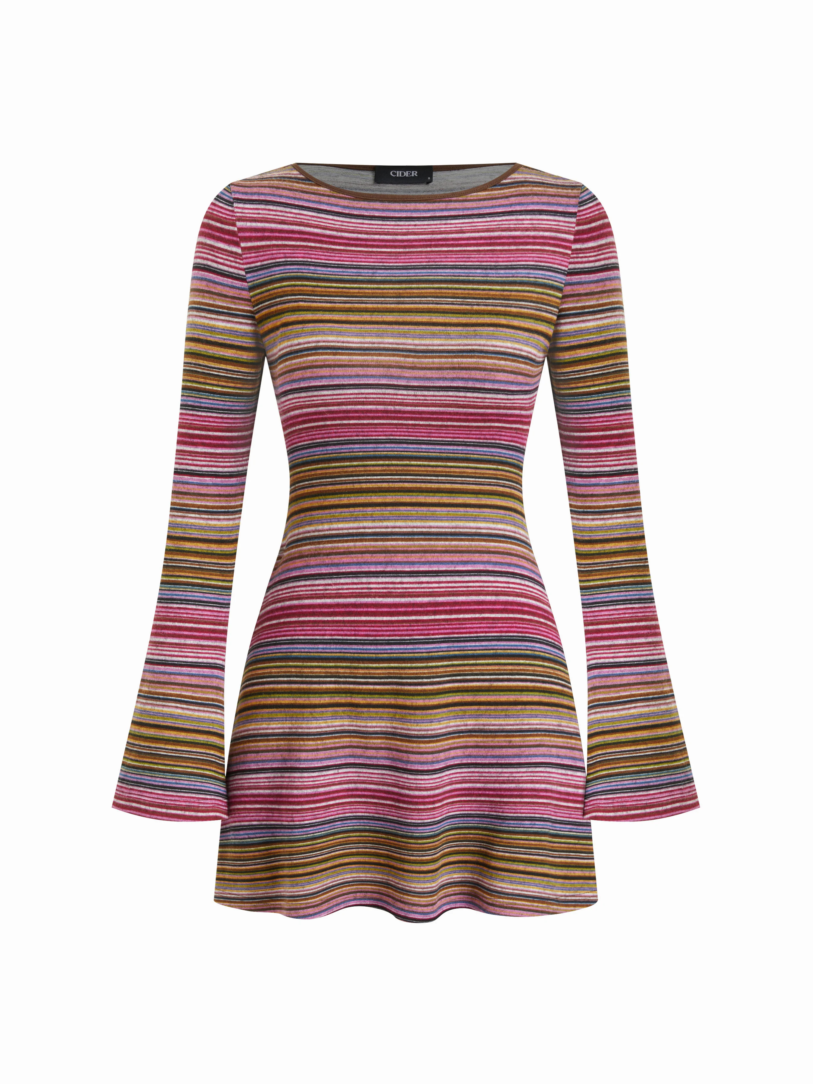 Jersey Boat Neck Striped Bell Sleeve Flared Mini Dress | Cider