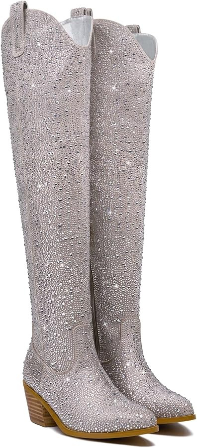 GOSERCE Women's Rhinestone Knee High Cowboy Boots Over the Knee Cowgirl Tall boots Pointed Toe Lo... | Amazon (US)