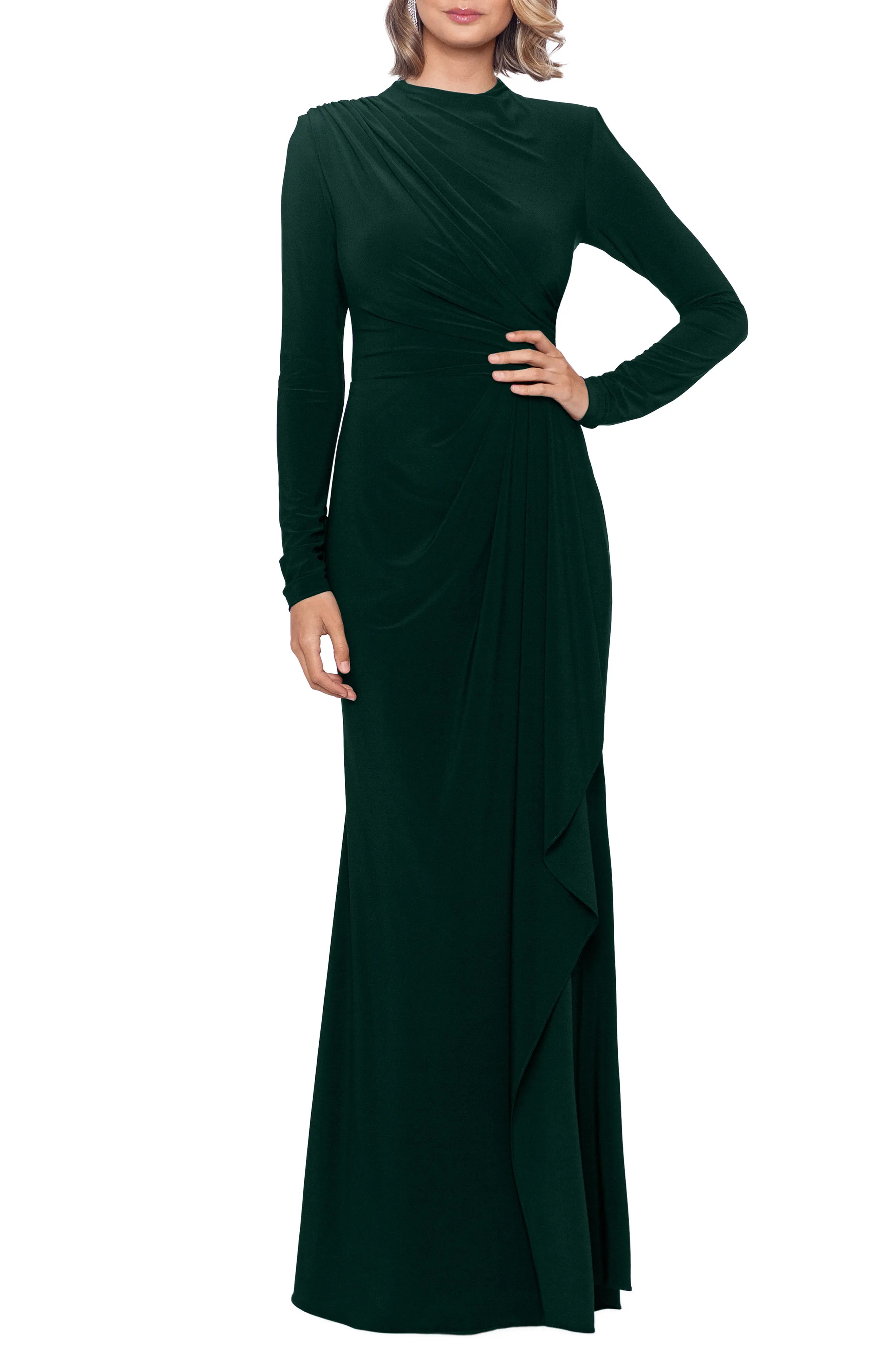 Betsy & Adam Ruffle Long Sleeve Sheath Gown in Navy at Nordstrom, Size 16 | Nordstrom