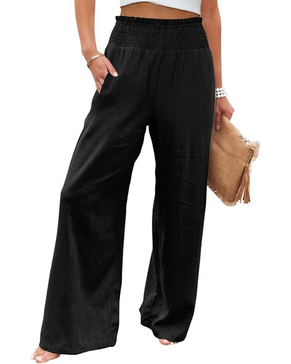 Women Wide Leg Pants High Waisted Cotton Palazzo Pants Work Long Trousers with Pockets | Amazon (US)