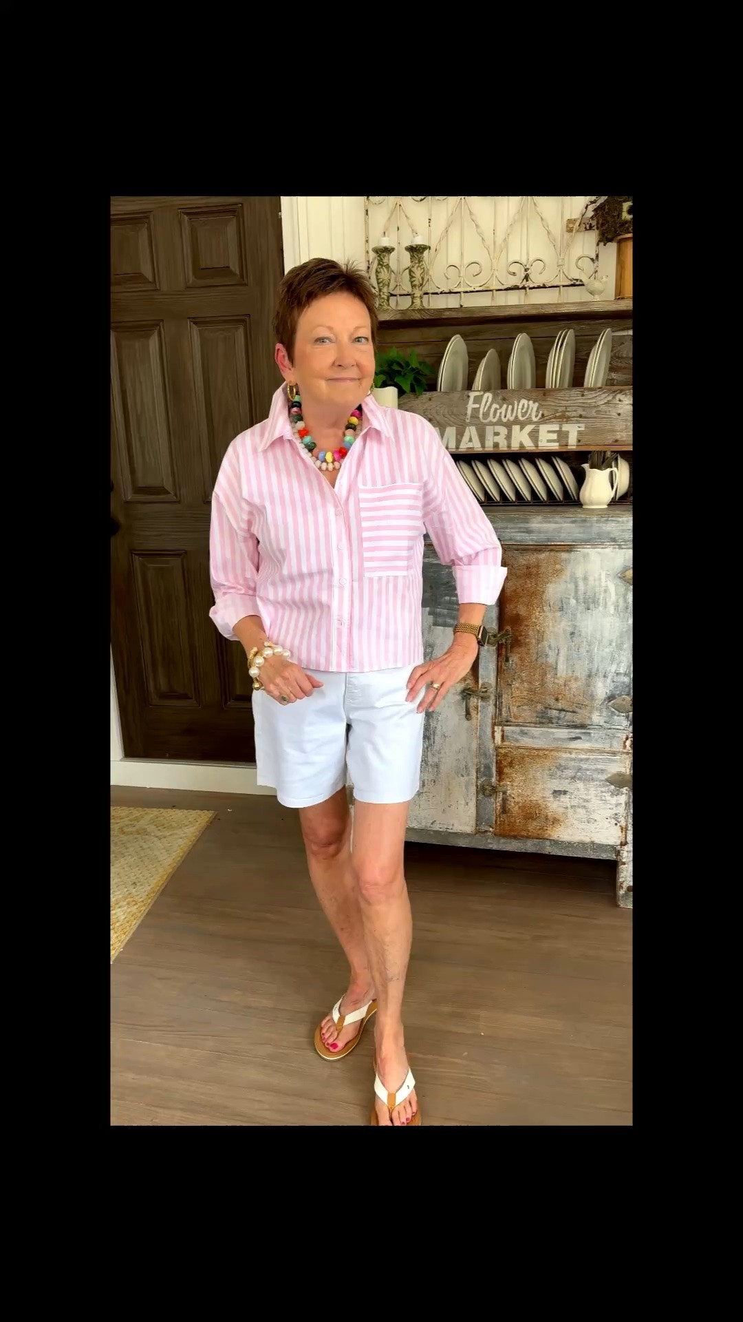 Looking stylish at any age. Comfortable denim shorts, button down blouse, and budget friendly flip flops.

#LTKOver40 #LTKSeasonal