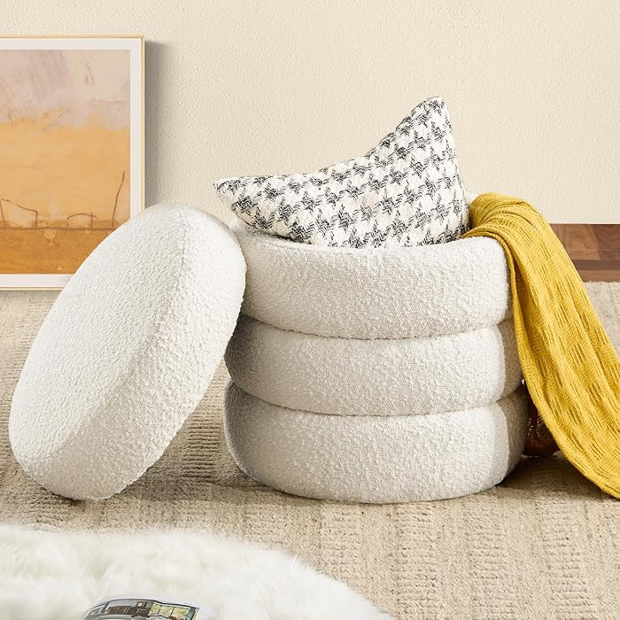 Round Ottoman with Storage for Living Room Small Boucle Foot Stool Modern Upholstered Vanity Stoo... | Amazon (US)