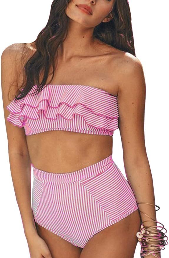 Dasivrry Womens High Waisted Bikini Sexy Stripe Two Pieces Swimsuits Strapless Ruffle Bathing Sui... | Amazon (US)