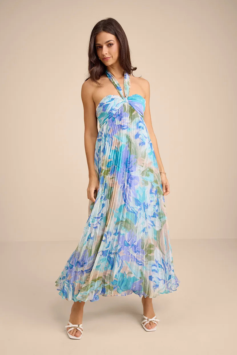 Aminah Blue Multi Floral Pleated Halter Midi Dress | Lulus