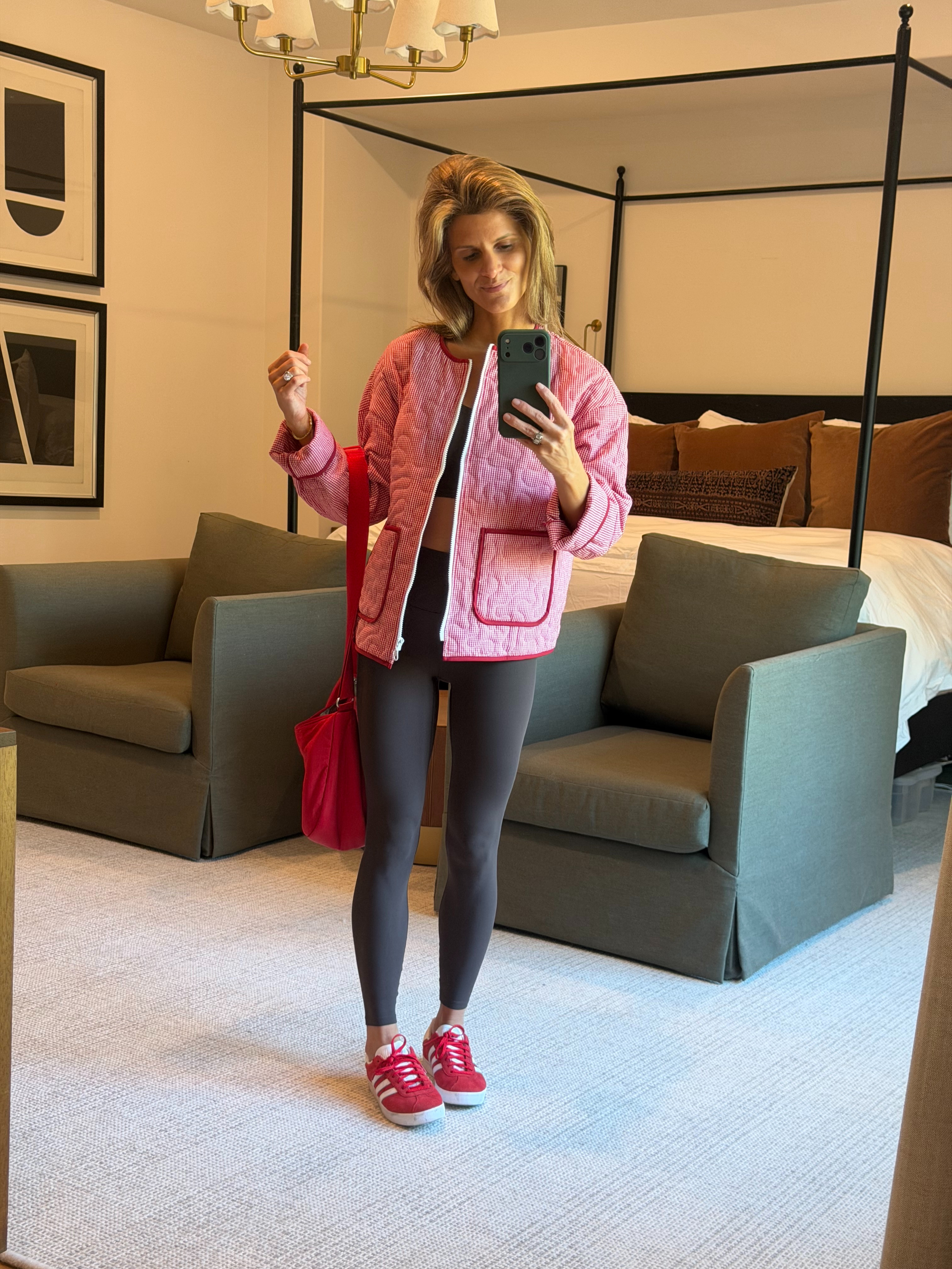 Target brown active wet set · wearing XS.

Amazon red gingham quilted jacket · wearing S.

adidas Gazelle red sneakers · true to size.

Baggallini Swift Crescent Crossbody in red

Fall outfit · athleisure outfit · mom outfit · errand outfit · quilted jacket · gingham jacket · leggings set · red sneakers · adidas Gazelle · crescent bag · Target finds · Amazon finds 

 #LTKootd