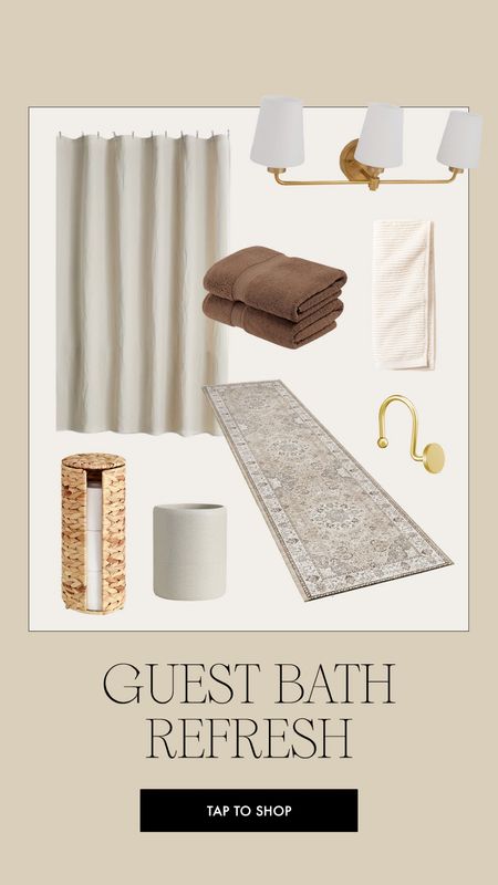 Guest bath refresh 🤎 added more earthy tones and it feels so much more welcoming!!! Love everything we added. Mostly off Amazon 🥰

Guest bathroom, bathroom decor, bathroom runner, vanity lights, wicker toilet paper holder, hand towels, bathroom trash can, gold accents 

#LTKfindsunder100 #LTKhome