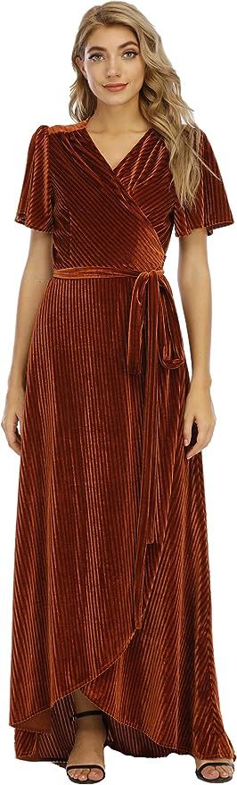 ZEYIXUAN Women's Velvet Short Sleeve V Neck Casual Slim Maxi Flowy Dresses Formal Evening Dresses | Amazon (US)