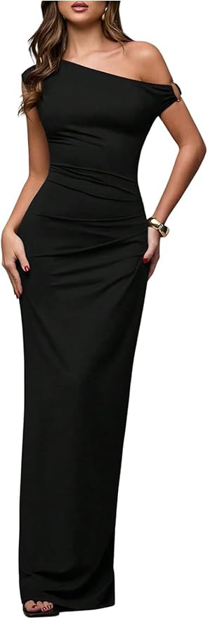 Verdusa Women's Off The Shoulder Wedding Guest Dress Asymmetrical Ruched Sleeveless Maxi Dresses | Amazon (US)