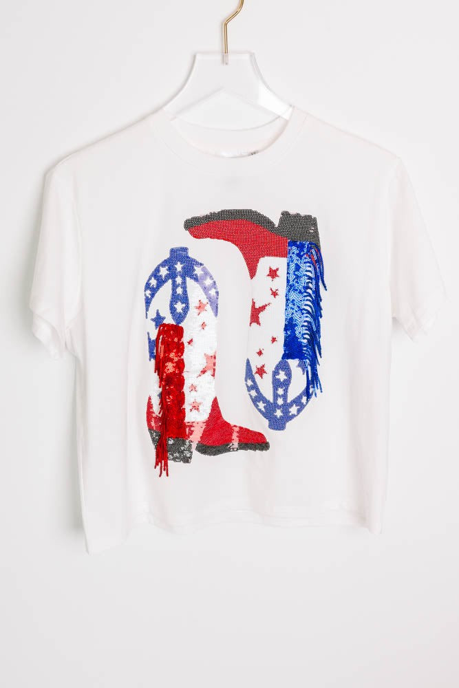 Queen Of Sparkles Fringe Boot Tee - Red & Blue | The Impeccable Pig