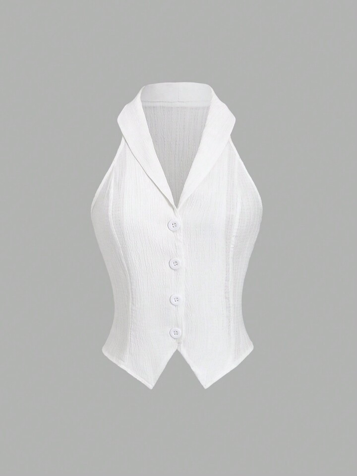 Sweetra Women's Textured Voile Lapel Sleeveless Open Front Shirt | SHEIN