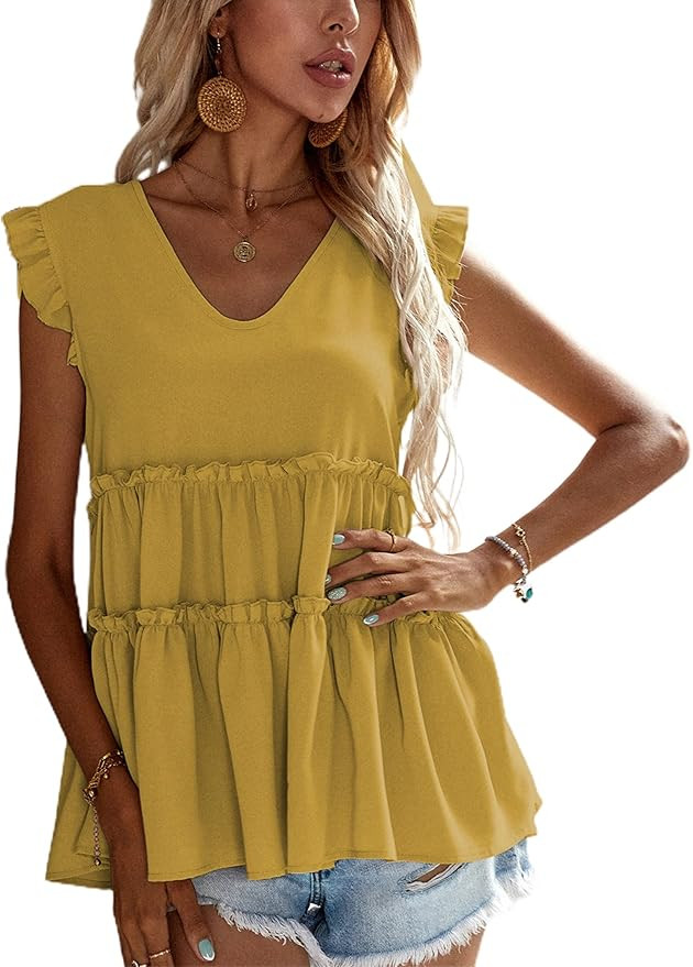 Avanova Women's Summer Ruffle Sleeve Babydoll Blouses V Neck Tiered Peplum Tops Tunic | Amazon (US)