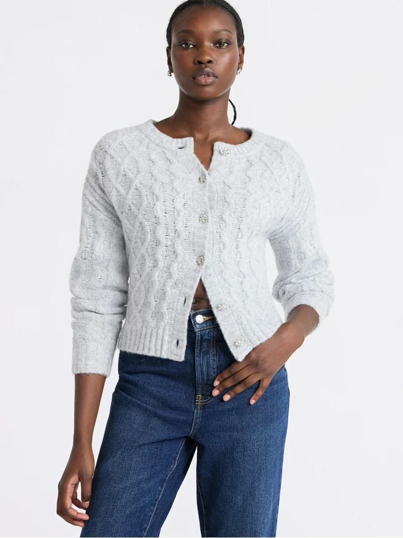 Free Assembly Women's and Women's Plus Cropped Cable Cardigan Sweater, Midweight, Sizes XS-4X | Walmart (US)