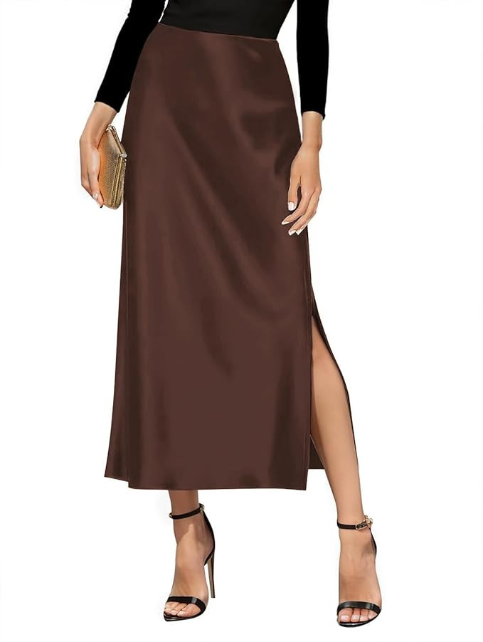 Women's Satin High Waisted Side Split Maxi Skirt Elastic Waistband Long Silk Skirts for Women | Amazon (US)