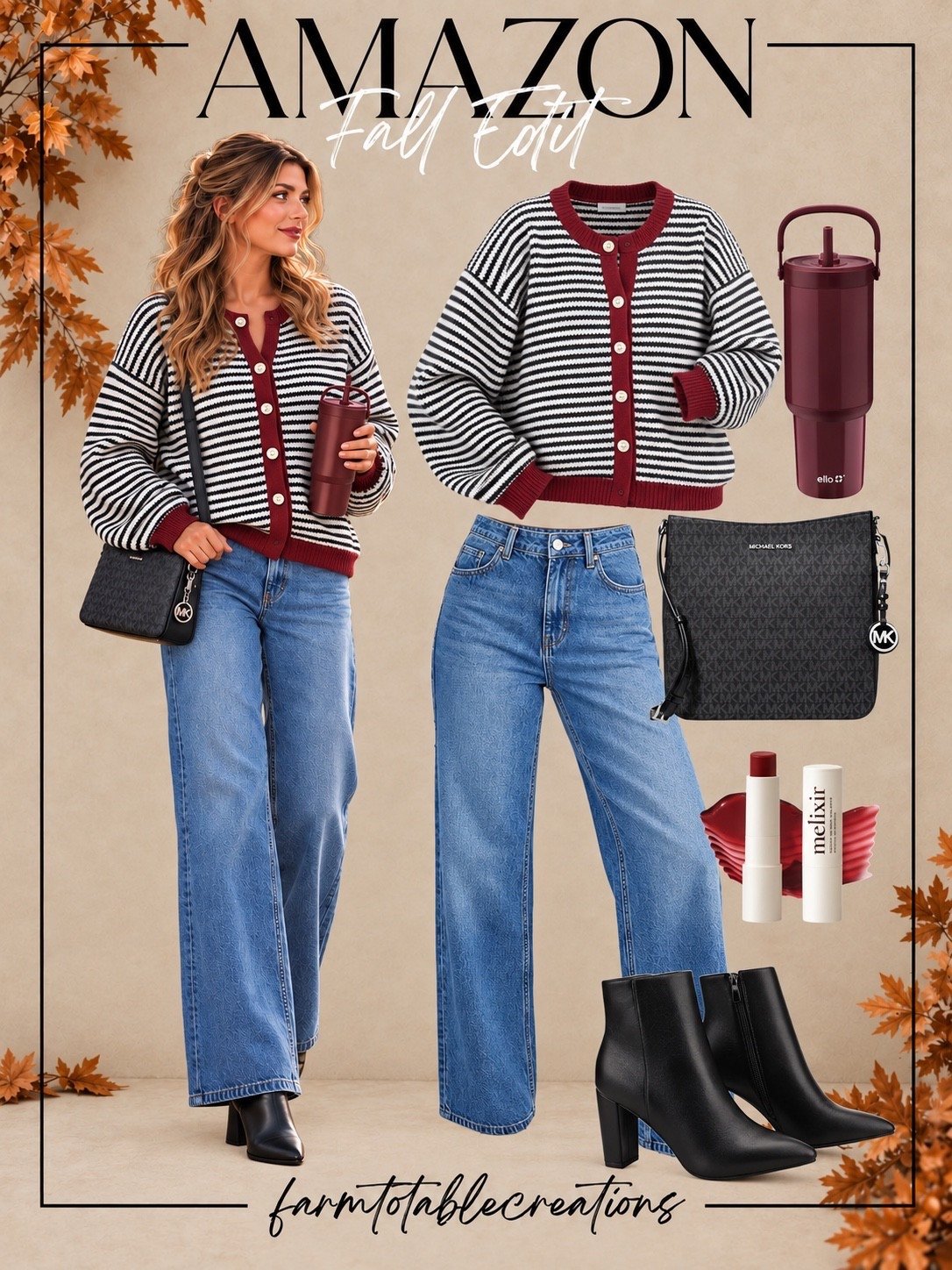 Amazon Prime Day Fall Fashion Deals 🍷🖤

This Amazon Prime Day fashion look is such a good mix of cozy and polished for fall. The striped cardigan with the deep burgundy trim feels classic and seasonal, while the wide-leg jeans keep the outfit relaxed and easy to wear.

I love the black ankle boots, Michael Kors crossbody, burgundy tumbler, and matching lip color with it too. It’s perfect for errands, lunch dates, casual workdays, travel, or an easy weekend outfit.

Follow @farmtotablecreations on Instagram for more cozy home finds and trending decor.

#LTKStyle #LTKFashion #LTKSaleAlert #PrimeDay #AmazonPrimeDay #PrimeDayDeals #AmazonFashion #AmazonFinds #FallFashion #CardiganSeason #WideLegJeans #CasualFallStyle #AmazonDeals #FallOutfit #AmazonMustHaves
