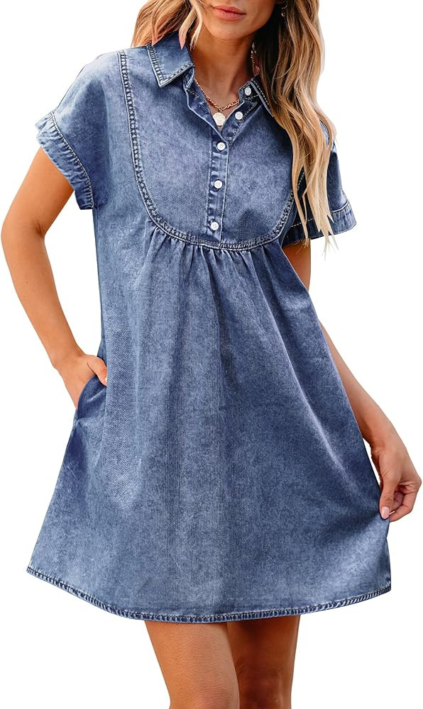 luvamia Denim Dress for Women Summer Short Sleeve Button Down Collared Pleated Western Jean Dress... | Amazon (US)