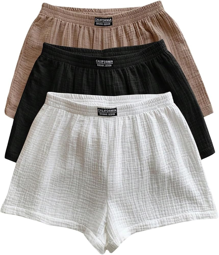 SOLY HUX Women's Summer Shorts 3 Packs Elastic Waist Wide Leg Casual Cotton Shorts Sets | Amazon (US)