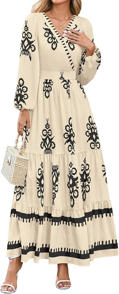 PRETTYGARDEN Women's 2025 Fall Wedding Guest Dresses Boho Floral Long Sleeve V Neck Flowy Elegant... | Amazon (US)