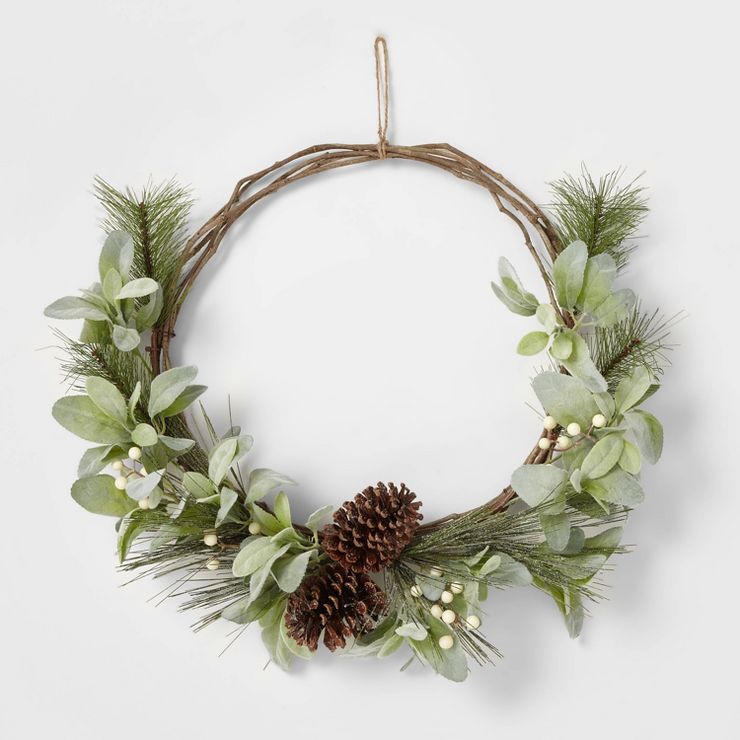 22" Vine with Flocked Faux Lambs Ear Leaves and White Berries Artificial Christmas Wreath - Wonde... | Target