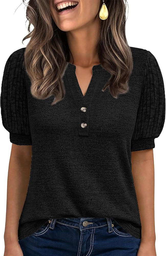 ANRABESS Women's Tops Puff Short Sleeve Henley Shirt Dressy Casual Blouses Summer Sweater 2026 Sp... | Amazon (US)