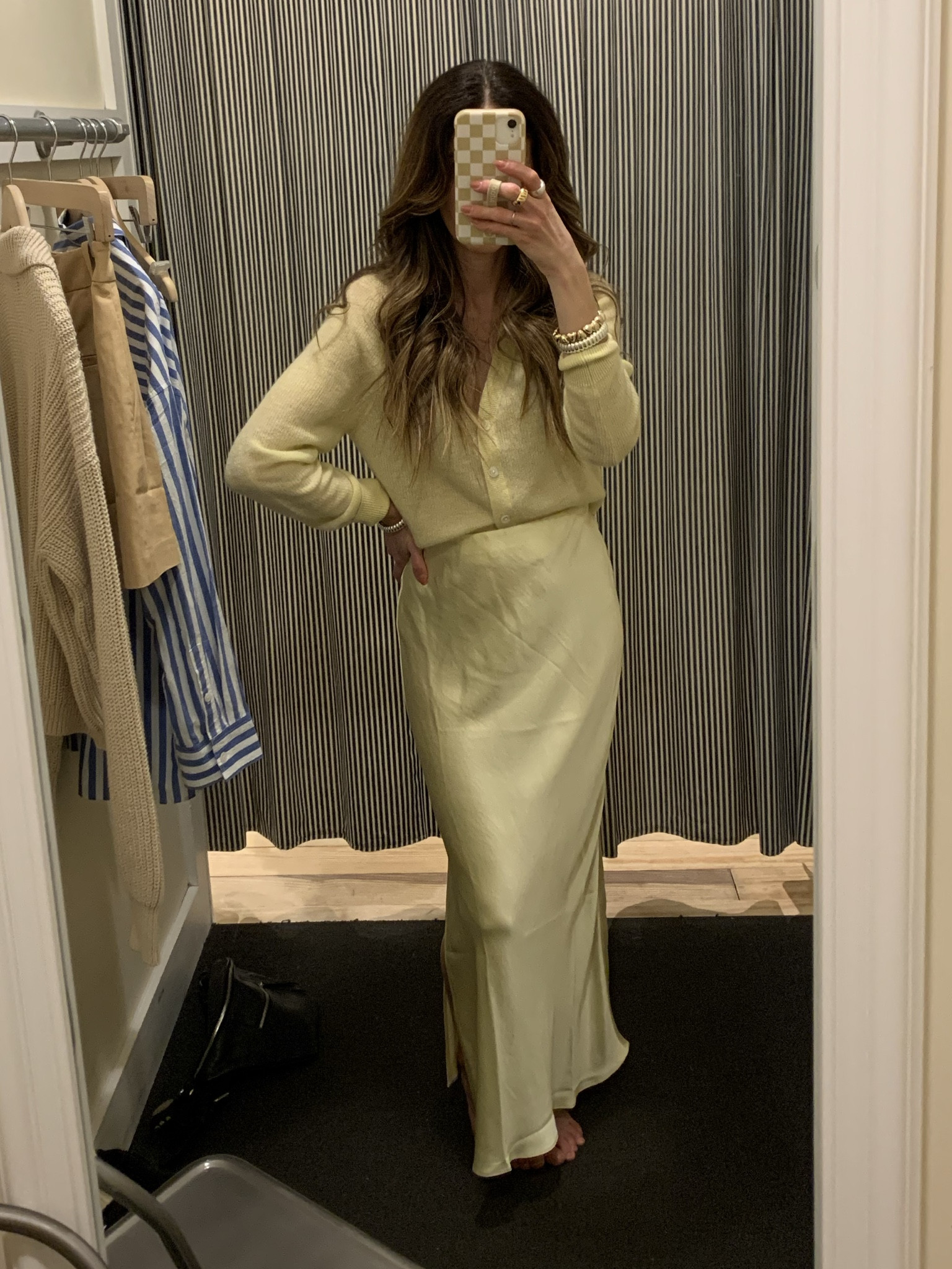 Madewell try on! These looks are perfect for spring weddings, spring break, brunch, Easter, or the workplace! This beautiful satin midi skirt (comes in other colors too!) paired with a delicate cardi. I’m normally and XS but sized up to a medium in the cardigan for a more relaxed fit, skirt i sizes down to XXS. Oversized striped button up has the best bold blue stripes! They only had a M in store, I would have went with a small if they had it! The knit collared cardigan is so versatile and a great layering piece- size small here. TTS is shorts! I sized down to a 23 in the chic cream wide leg Jean as I wanted these to look more polished. Paired those with the sleeveless texture sweater, which was to die for- sized up one in that, wearing small!! 
#madewell 

#LTKSpringSale #LTKover40 #LTKstyletip