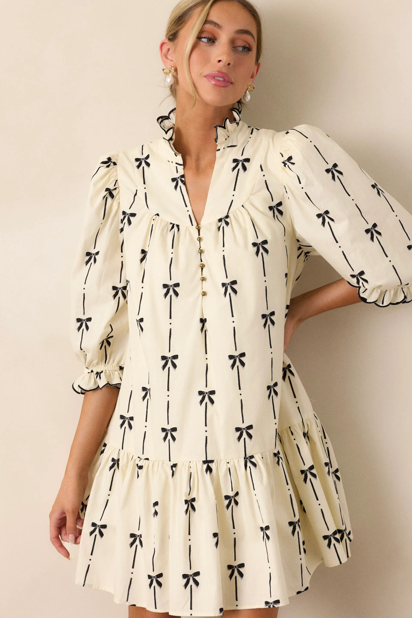 All Tied Up 100% Cotton Ivory Puff Sleeve Mini Dress | Red Dress