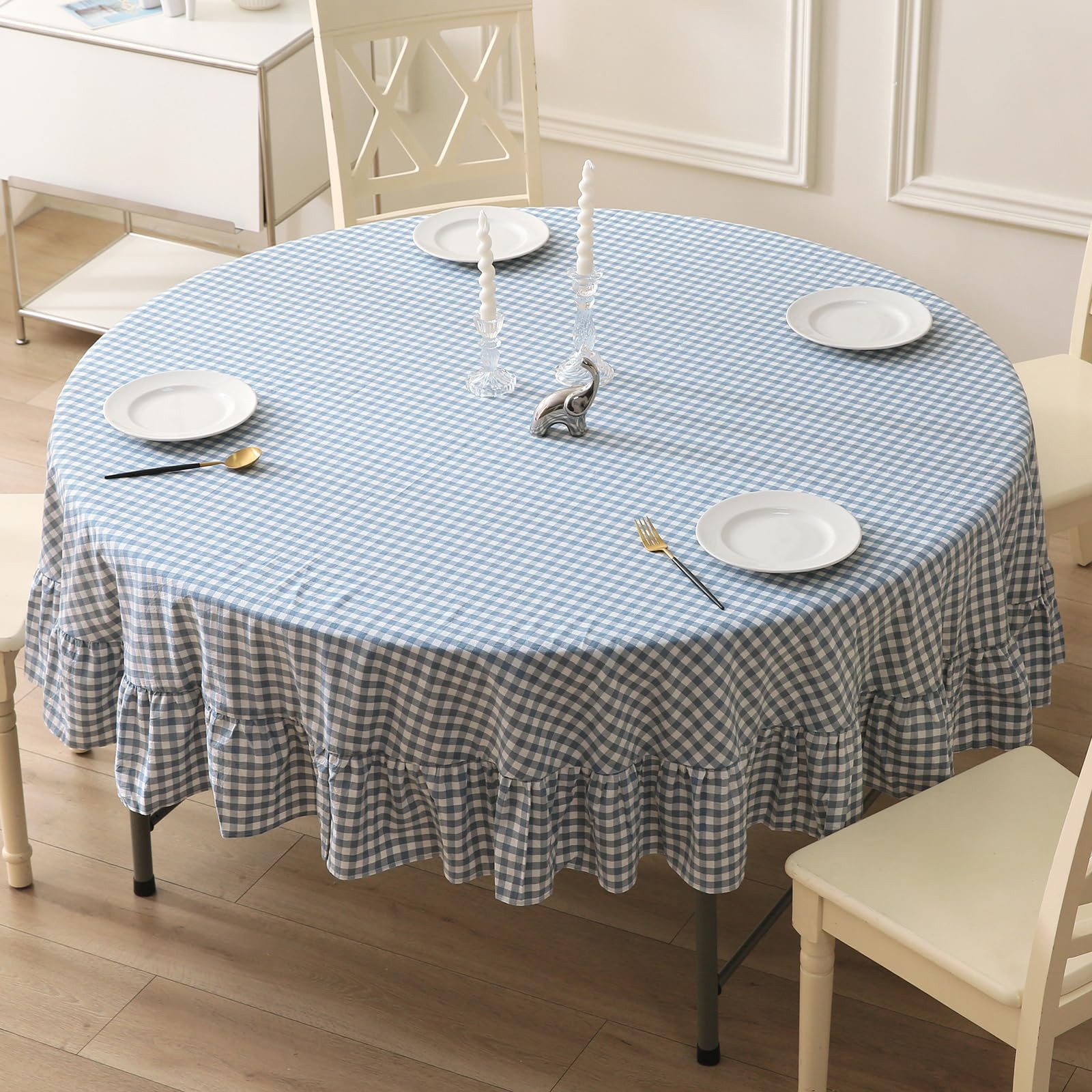 Dust Blue Plaid Ruffled Table Cloth Round Cover, 100% Washed Cotton Farmhouse Checker Gingham Vin... | Amazon (US)