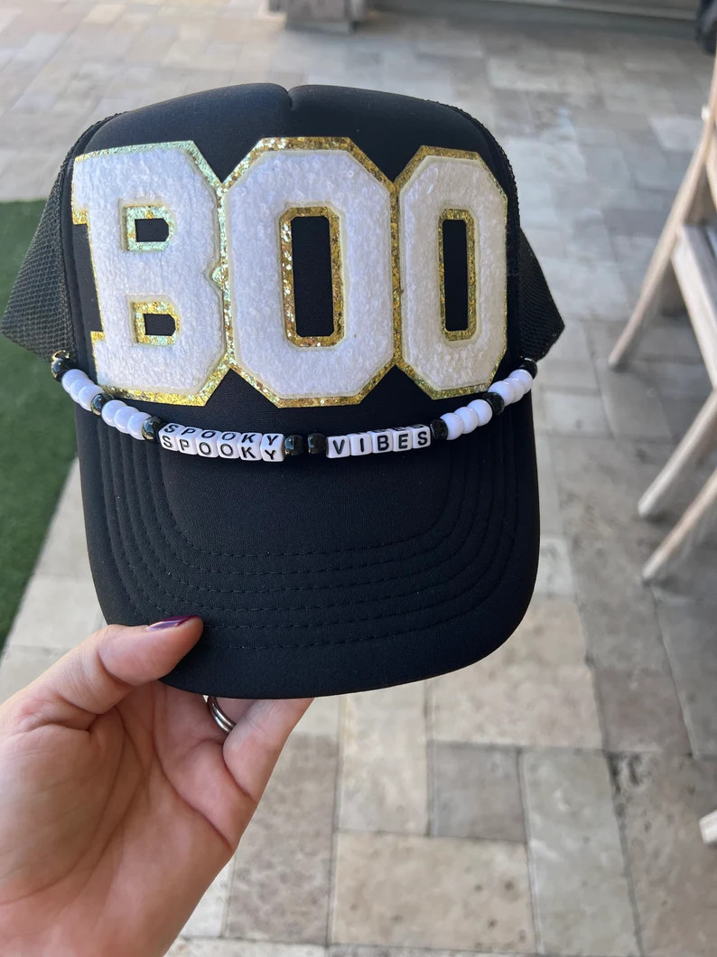 Black Trucker Hat Boo Chenille Letters & Gold Trim, Spooky Vibes Hat Chain, Perfect for Halloween... | Etsy (US)