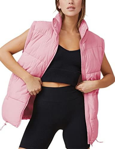 Athlisan Womens Zip Up Puffer Vest Stand Collar Sleeveless Padded Jacket Coat(Pink-M) | Amazon (US)