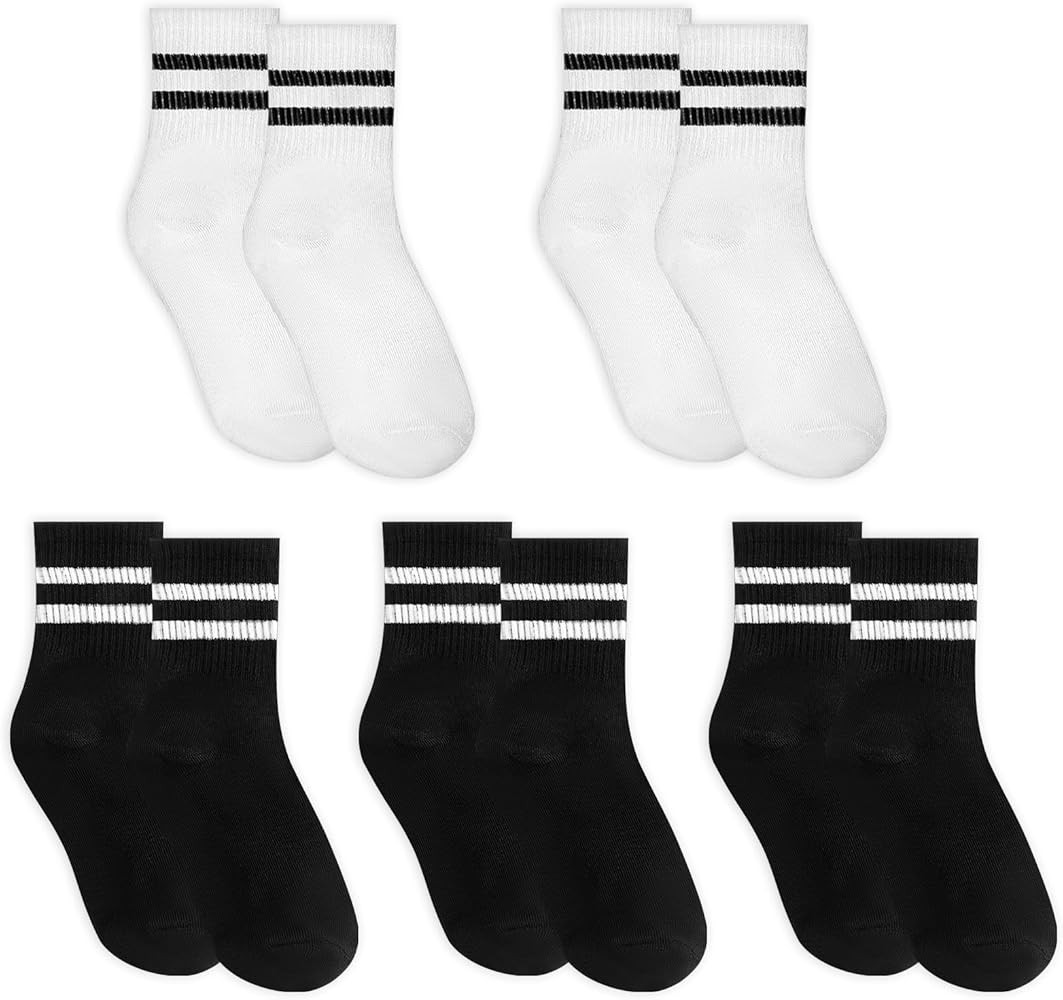 5 Pairs Solid Color Two Stripe Crew Socks Cotton Cushioned Striped Crew Socks Casual Athletic Soc... | Amazon (US)