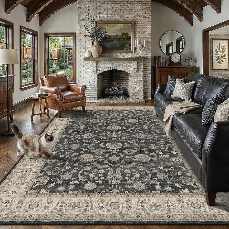 PureCozy 8x10 Washable Living Room Area Rug Black Beige Vintage Low Pile Carpet Non Slip Soft Dis... | Amazon (US)