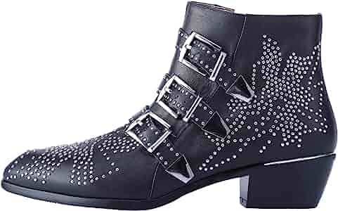 Boots for Women, Women's Leather Booties Rivets Studded Shoes Metal Buckle Low Heels Ankle Boots | Amazon (US)