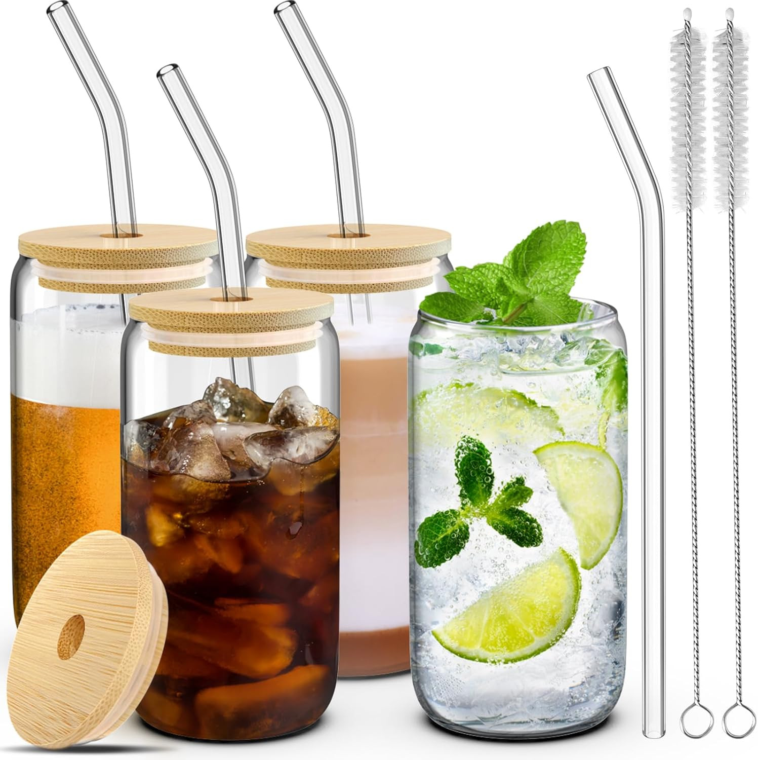 4 Set Glass Cups with Lids and Straws 16 oz, Glasses Drinking Set, Iced Coffee Cup with Bamboo Li... | Amazon (US)