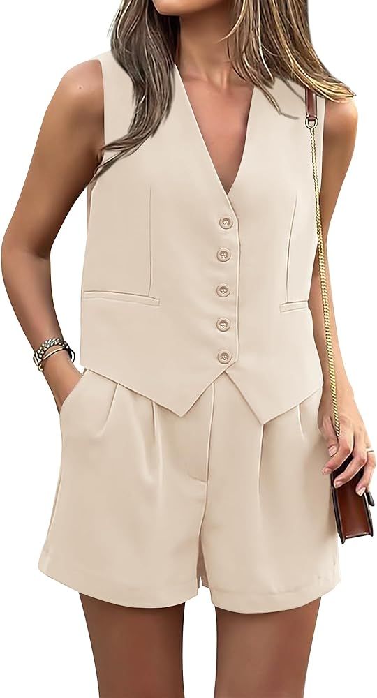 PRETTYGARDEN Women Summer 2 Piece Outfits V Neck Sleeveless Button Down Vest Shorts Sets Business... | Amazon (US)