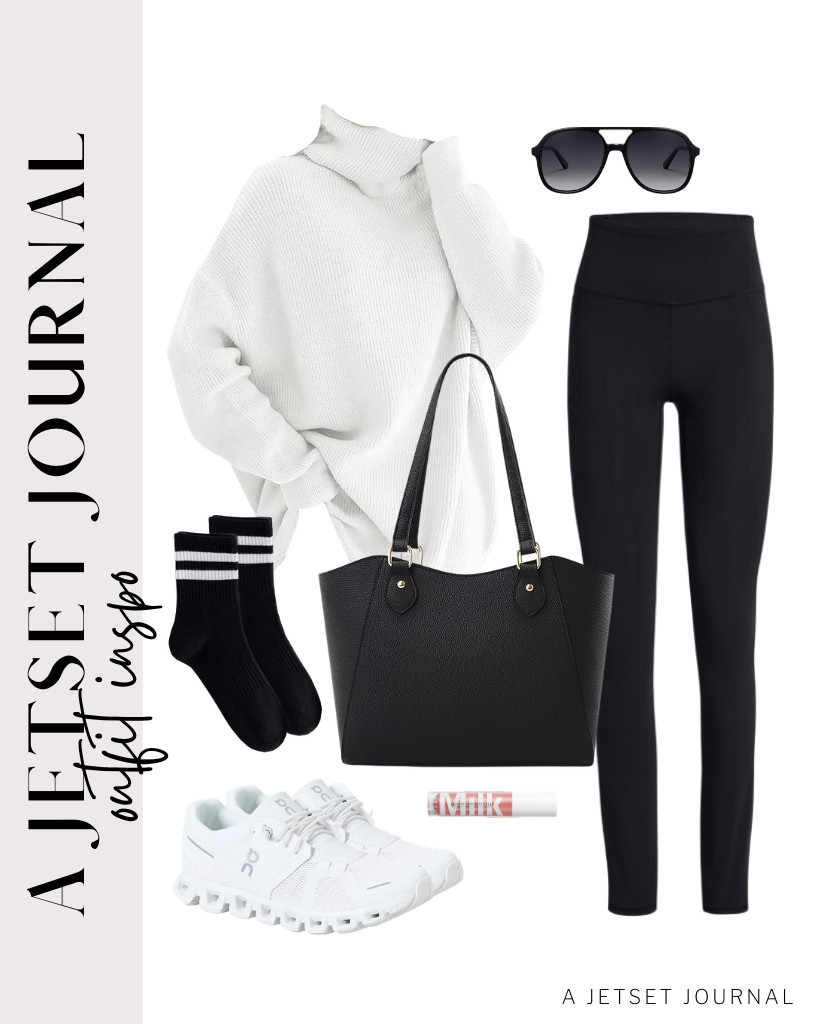 For those who love contrasts, these black leggings paired with a white oversized sweater are a nice addition to your collection. Style it with this classy CHICAROUSAL Tote Bag and polarized aviator sunnies. 

 #LTKSeasonal #LTKSaleAlert #LTKTravel