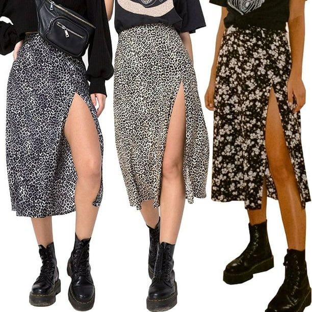 Leopard Print Side Split Women Midi Skirt Summer Streetwear High Waist Skirts A-Line Ladies Botto... | Walmart (US)