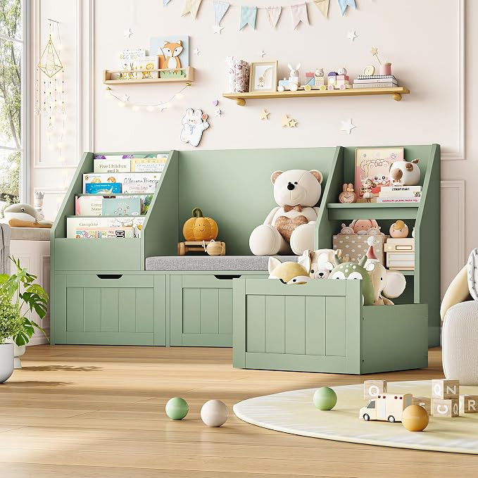 FOTOSOK 55.1’’ Kids Bookshelf with Reading Nook, Toy Storage Organizer with Seat Cushion and ... | Amazon (US)