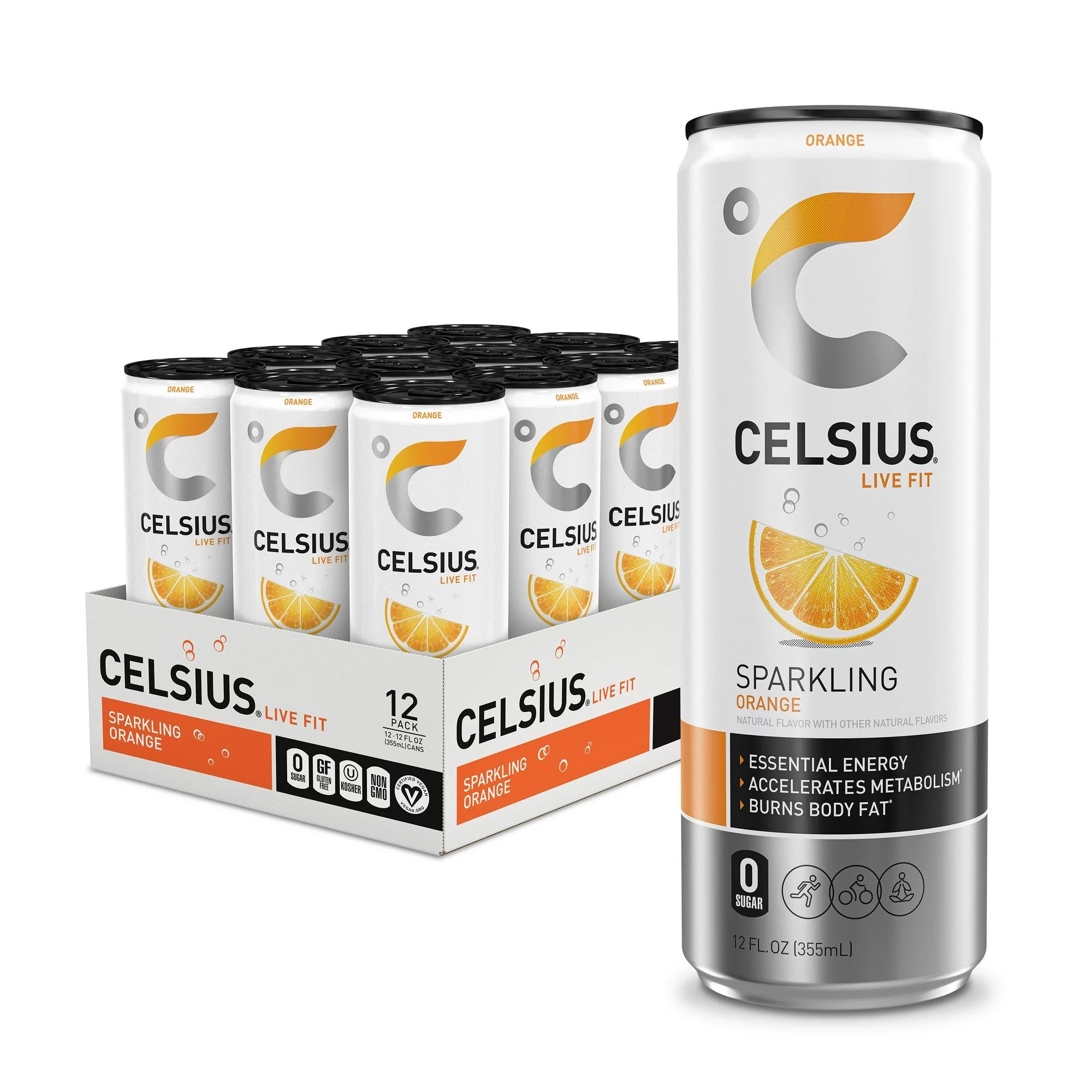 CELSIUS Sparkling Orange Fitness Drink, ZERO Sugar, 12oz. Slim Can, 12 Pack | Walmart (US)