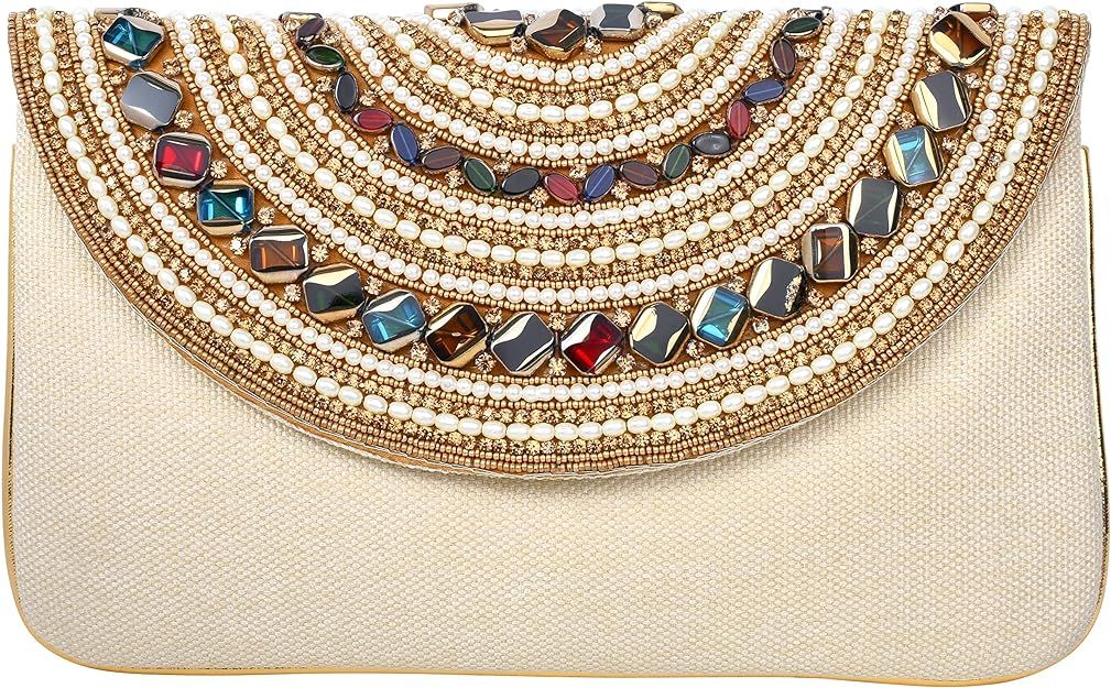 Women's Luxury Handmade Vintage Elegant Pearled White & Gold Beaded Clutch with Rhinestones, Gold... | Amazon (US)