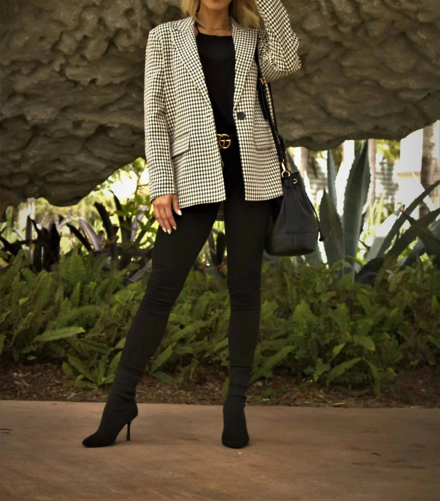 Houndstooth Blazer With Bee Patches In Praline Multi | Shop Simon