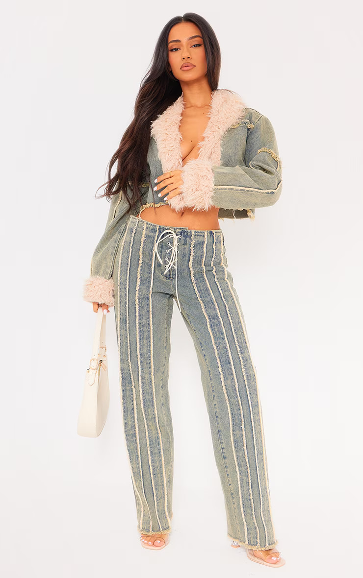 Petite Vintage Wash Fray Detail Lace Up Straight Leg Jeans | PrettyLittleThing UK