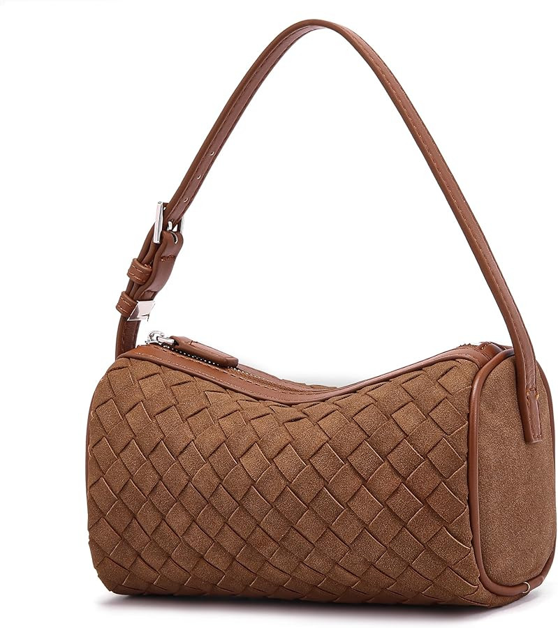 Mini Purse Woven Bag for Women: Vegan Leather Suede Shoulder Bag - Small Barrel Bag Little Crossb... | Amazon (US)